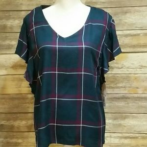 NWT MASSINI Scottish Plaid Flutter Sleeve Tee